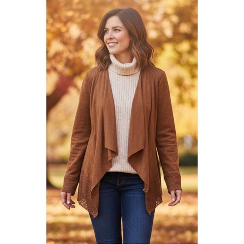 Chicos Brown Faux Suede Draped Flowy Perforated Laser Cut Jacket Boho western